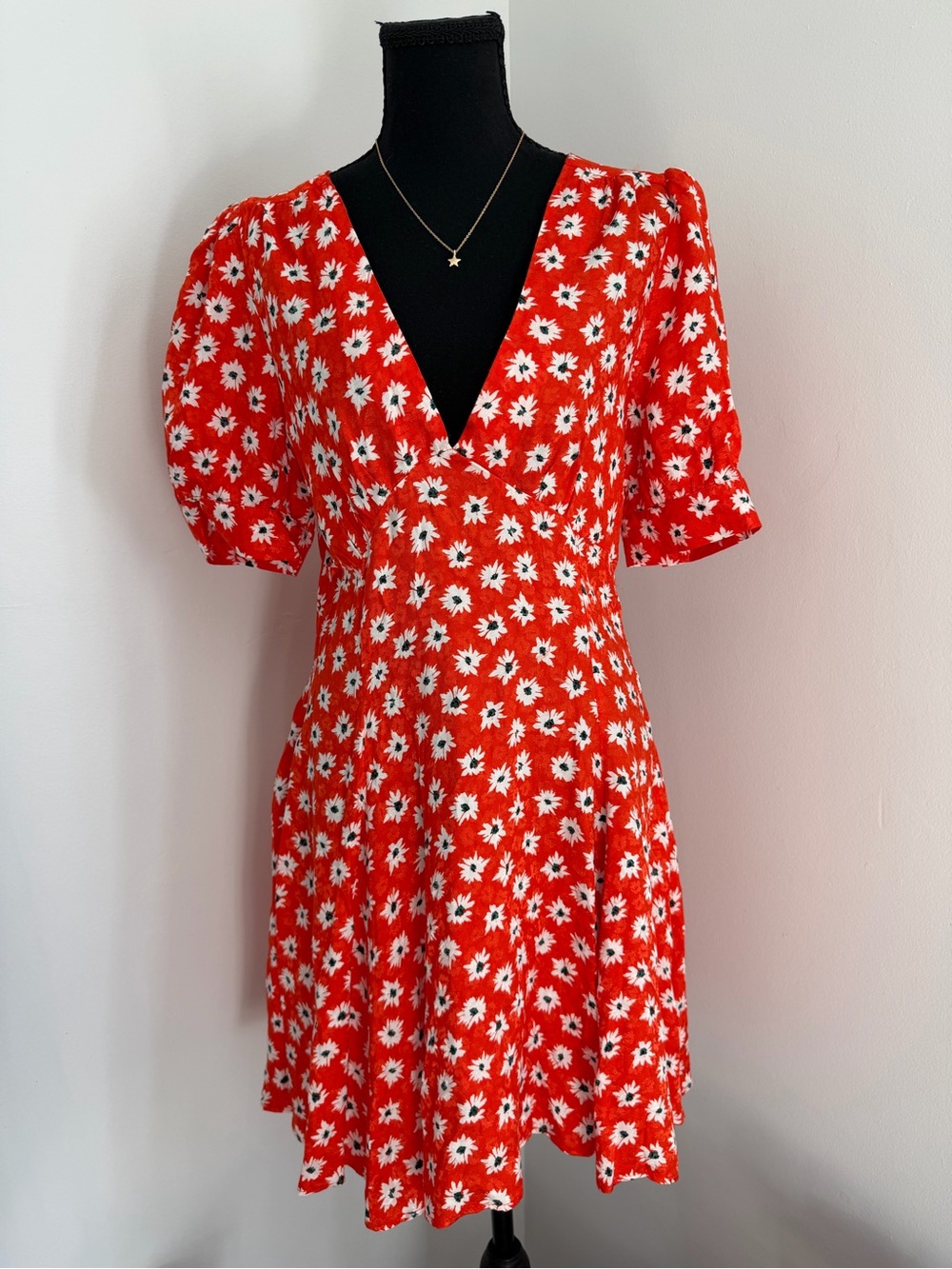 Topshop Red Daisy Floral Puff Sleeve Fit & Flare Mini Dress US 8